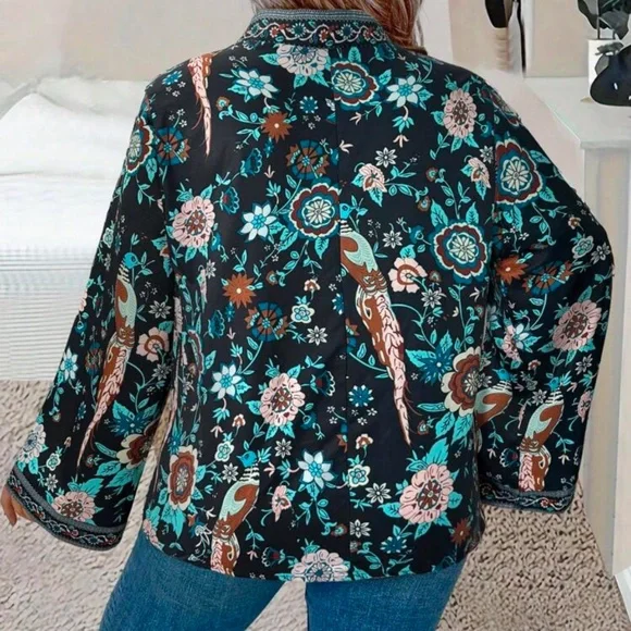 Plus Floral Print Flounce Long Sleeve Blouse